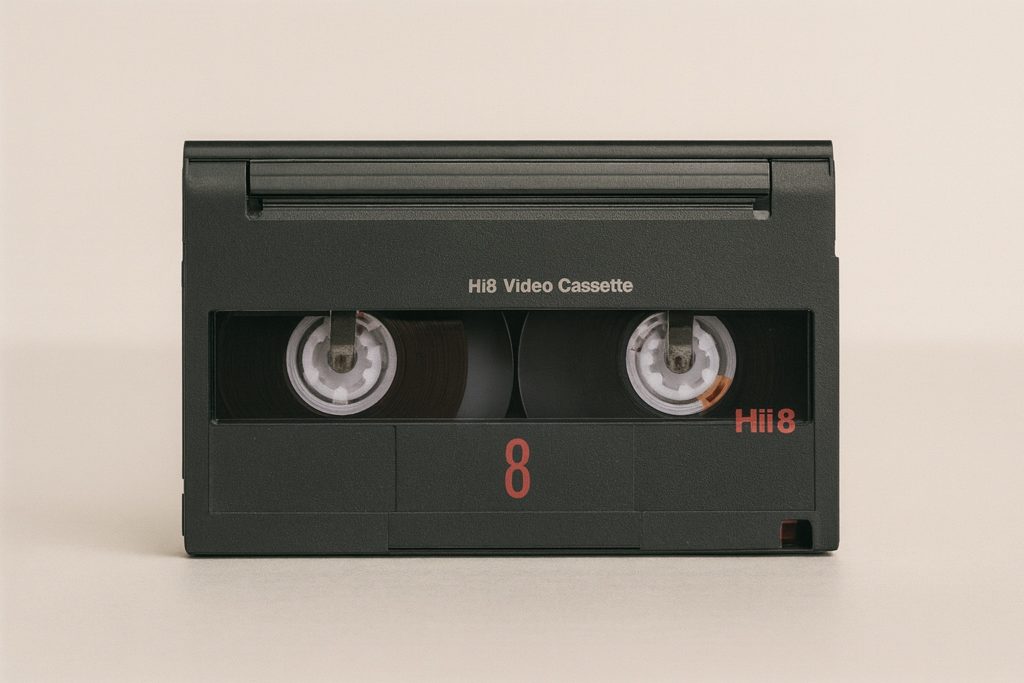 Cassetta Hi8 vista frontalmente con finestra del nastro e bobine interne