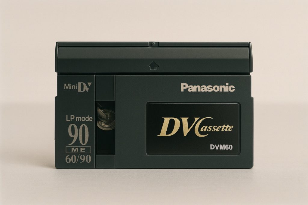 Cassetta MiniDV Panasonic vista frontalmente con finestra del nastro