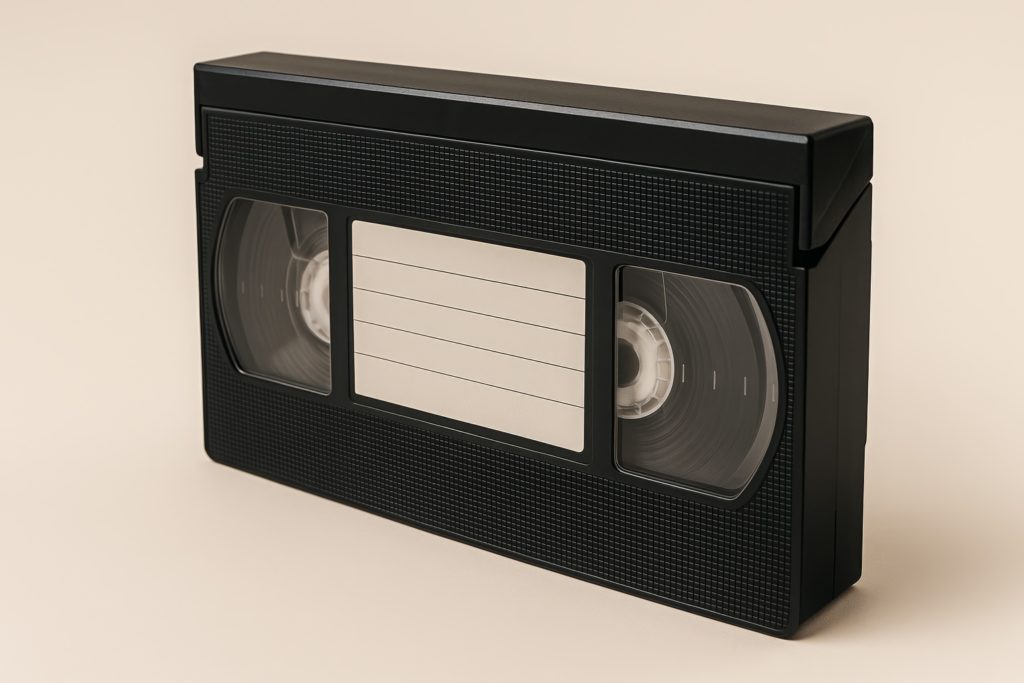 Cassetta VHS originale in primo piano per identificazione del formato video