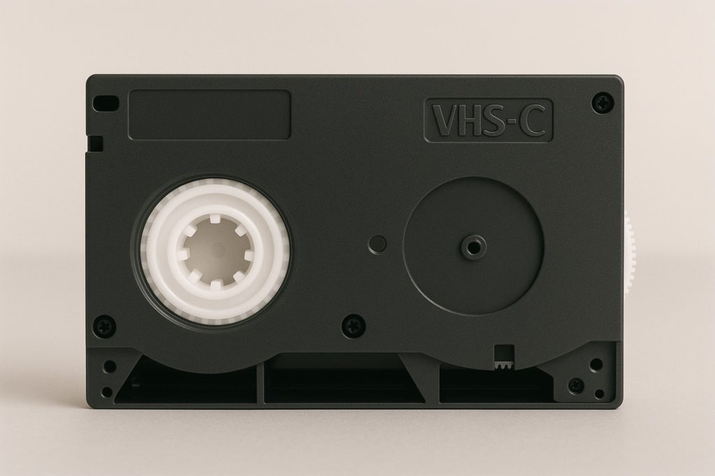 Cassetta VHSC vista frontalmente con ingranaggi e bobine a vista