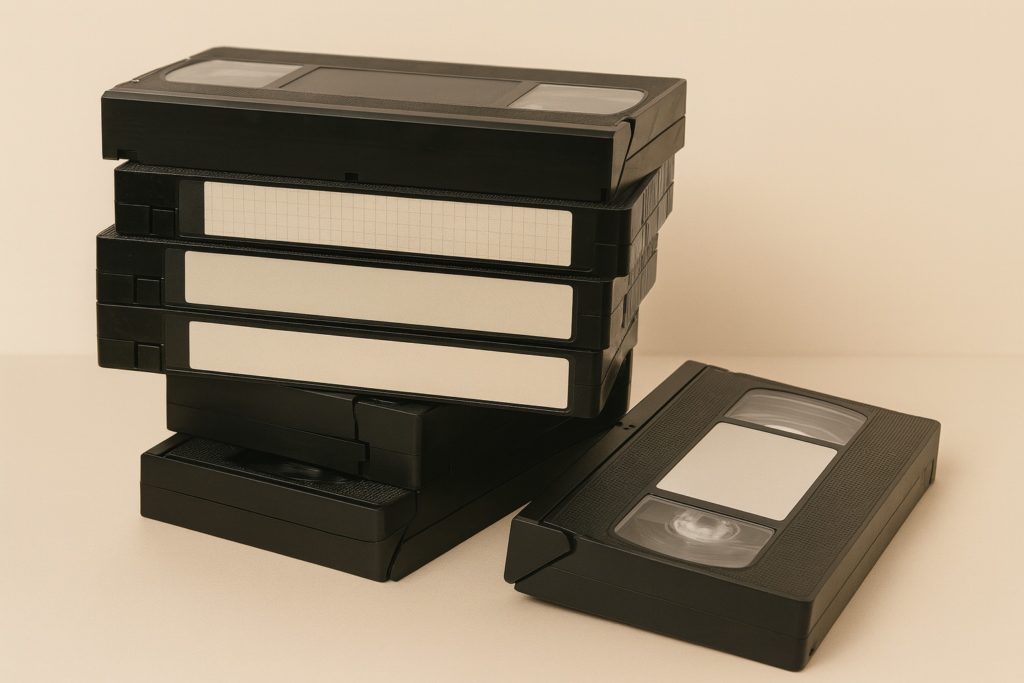 Stack di cassette VHS nere su sfondo chiaro